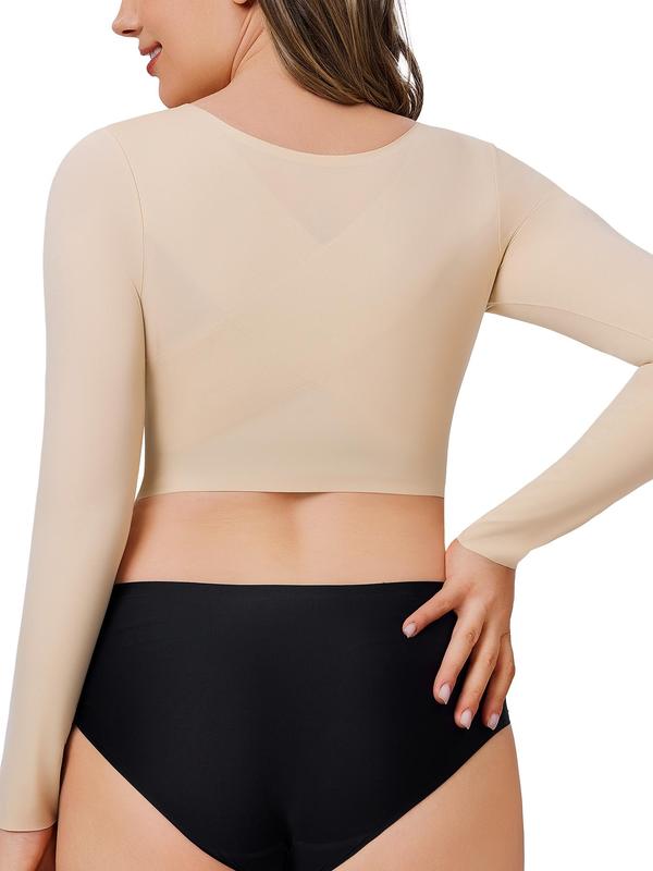 Women's Plain Sexy Criss Cross Open Bust Shapewear Crop Tee, Adjustable Hooks Push Up Chest Long Sleeve Shaper Top, Ladies Body Shapewear for All Seasons